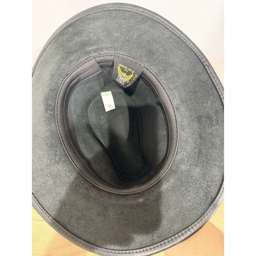 HENSCHEL HAT CO USA Black‎ LEATHER COWBOY HAT Western Rodeo Sun Wide Brim MEDIUM - Picture 6 of 7
